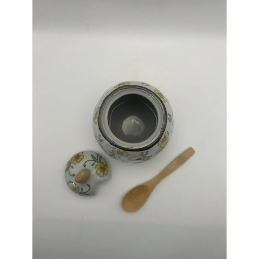 Creative Co-Op Hand Painted Spoon‎ & Lid Stoneware Sugar Pot Flower Design